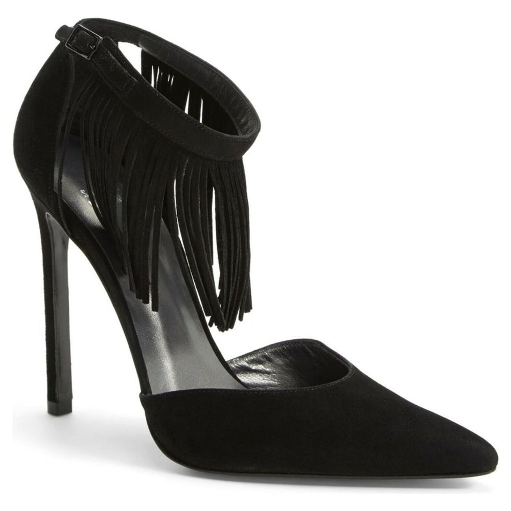 Stuart Weitzman Black Suede Fringe Ankle-Strap Stiletto Pumps